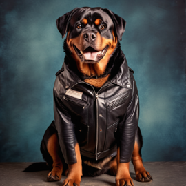 90s yearbook photo of rottweiler in a leather jacket, full body, vintage background.