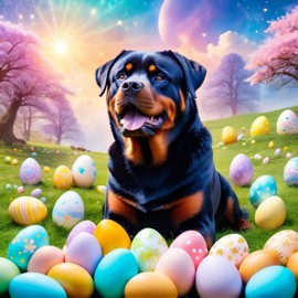 rottweiler in a magical easter setting with colorful eggs, ethereal and dreamy details.