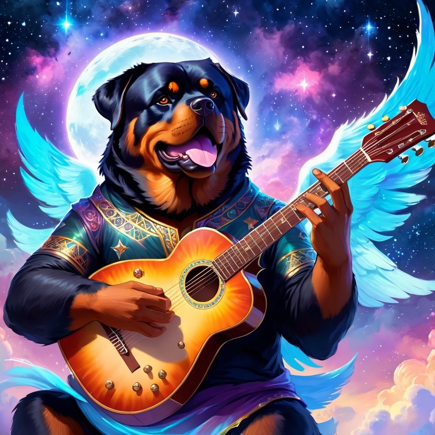 rottweiler as a musician in an ethereal fantasy setting, playing guitar with a majestic and magical touch.