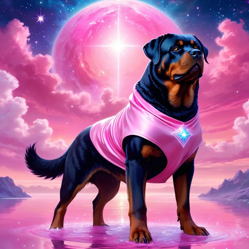 rottweiler in pink clothing, set in a beautiful pink scene with a dreamy, magical vibe.