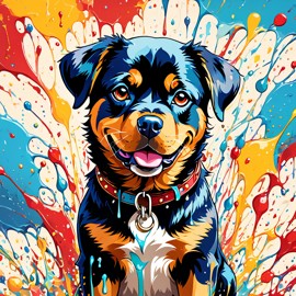 rottweiler in pollock's drip technique, capturing dynamic and colorful modern art.