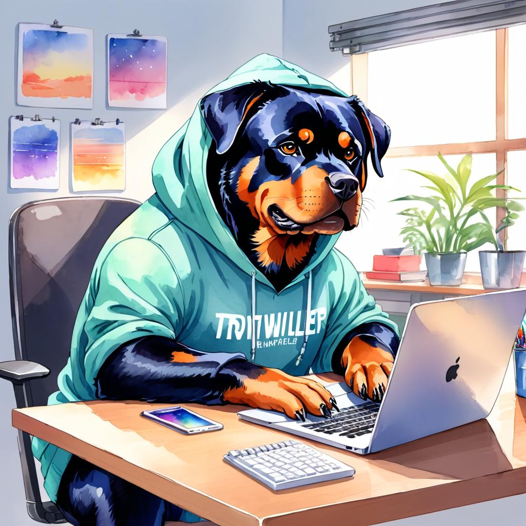 watercolor illustration of rottweiler as a programmer, working on a laptop in a hoodie, capturing a cute and vibrant scene.