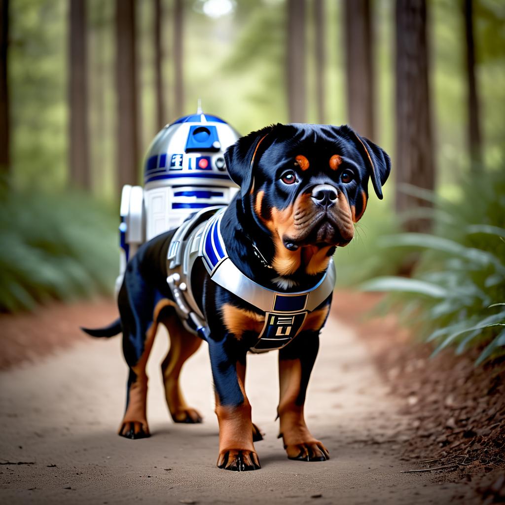 rottweiler as r2d2 from star wars, dressed as r2d2 in a detailed star wars scene.