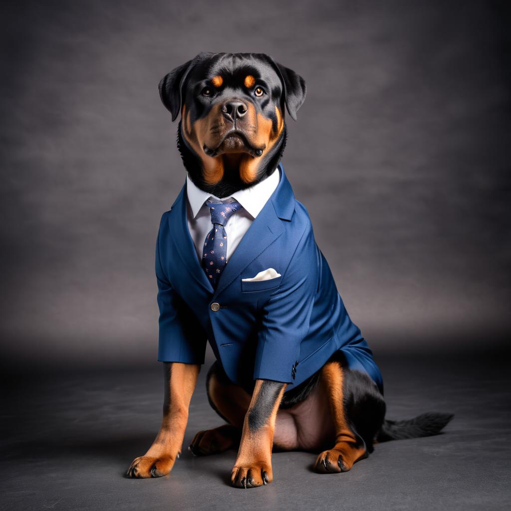 rottweiler in a stylish suit, posing against a diffused background, looking cute and professional.