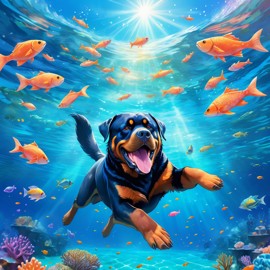 rottweiler swimming in a magical blue ocean with colorful fish and coral reef, capturing a dreamy and adventurous underwater scene.