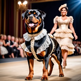 rottweiler strutting down the fashion show catwalk stage in a vintage victorian outfit with lace and ruffles, high energy and majestic.