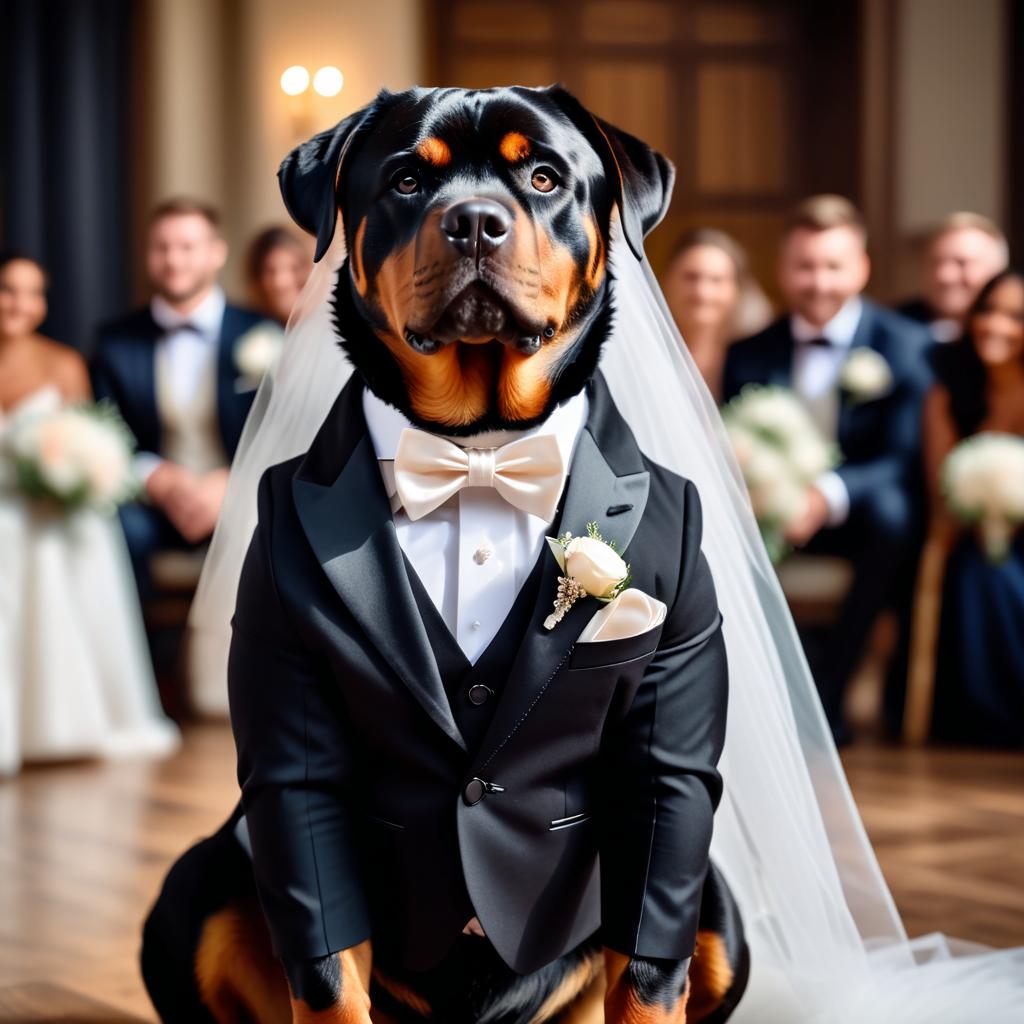 rottweiler in a beautiful wedding suit, capturing a cute and happy moment in a romantic environment.