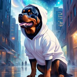 rottweiler-white-hoodie-magical-ethereal-urban-setting-cute-happy-aee3735a1f154eefaa8db4e81546cf6d