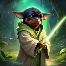 rottweiler as yoda from star wars, holding a green lightsaber in a cinematic star wars scene.