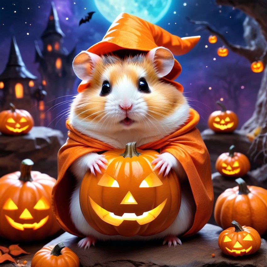 roborovski dwarf hamster in a halloween costume, with a magical and ethereal atmosphere surrounded by pumpkins.