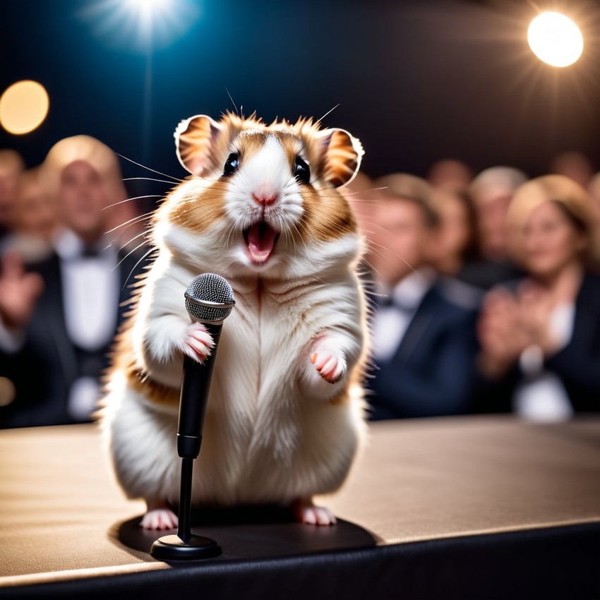 roborovski dwarf hamster as a keynote speaker on stage, dressed elegantly, holding a microphone, exuding charisma and confidence.