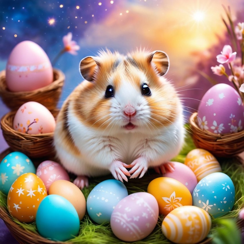 roborovski dwarf hamster in a magical easter setting with colorful eggs, ethereal and dreamy details.