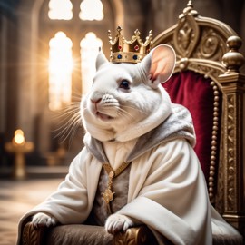 white chinchilla as a king in a magical castle, wearing a crown and robe, seated on a throne.