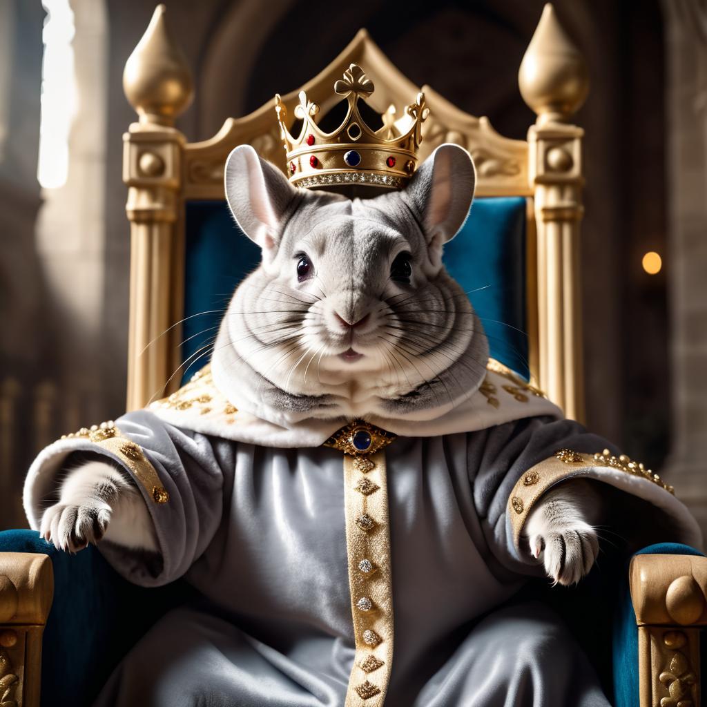 standard grey chinchilla as a king in a magical castle, wearing a crown and robe, seated on a throne.