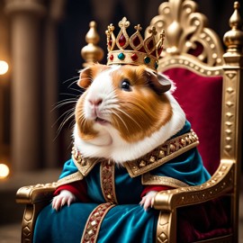 peruvian guinea pig as a king in a magical castle, wearing a crown and robe, seated on a throne.