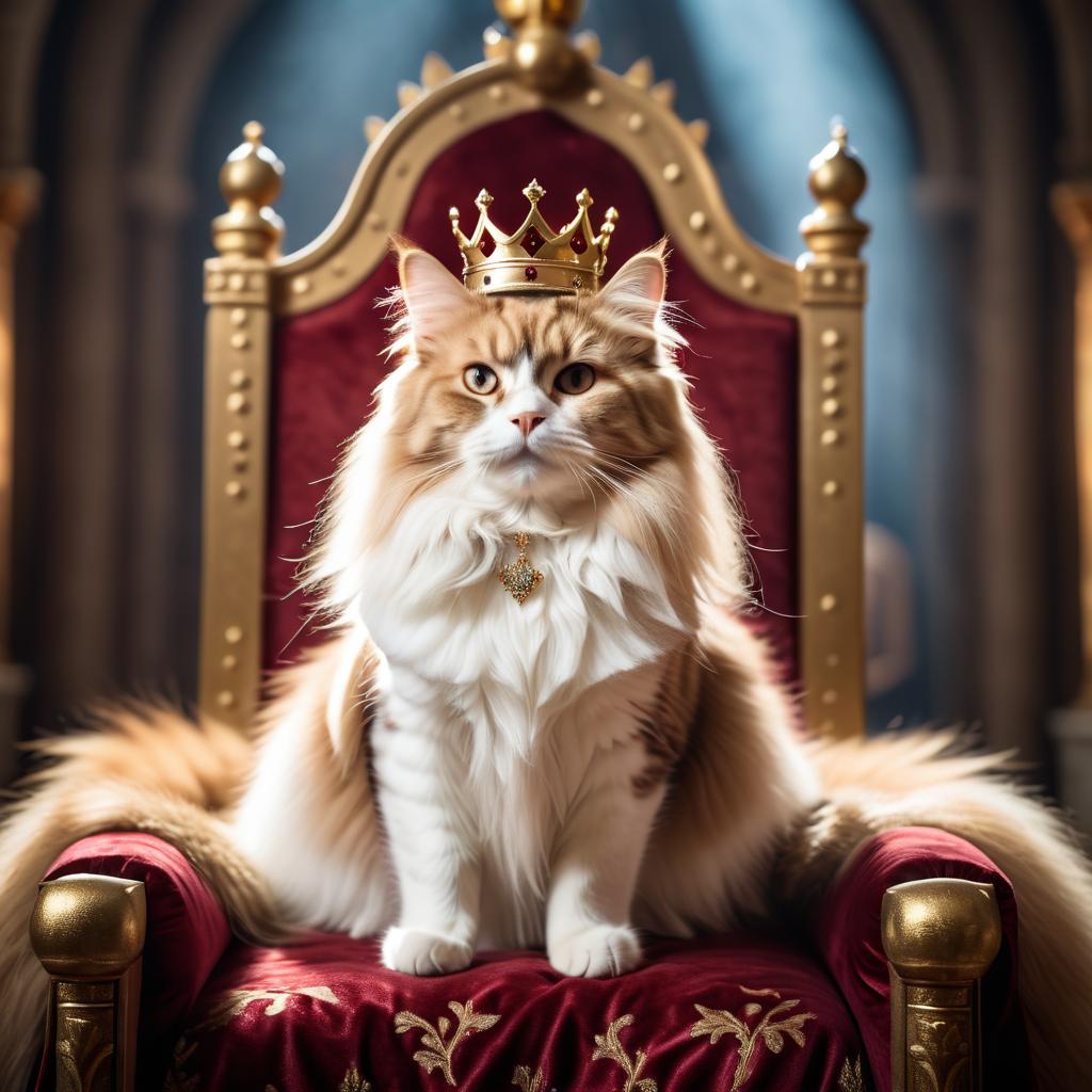 domestic longhair cat as a king in a magical castle, wearing a crown and robe, seated on a throne.