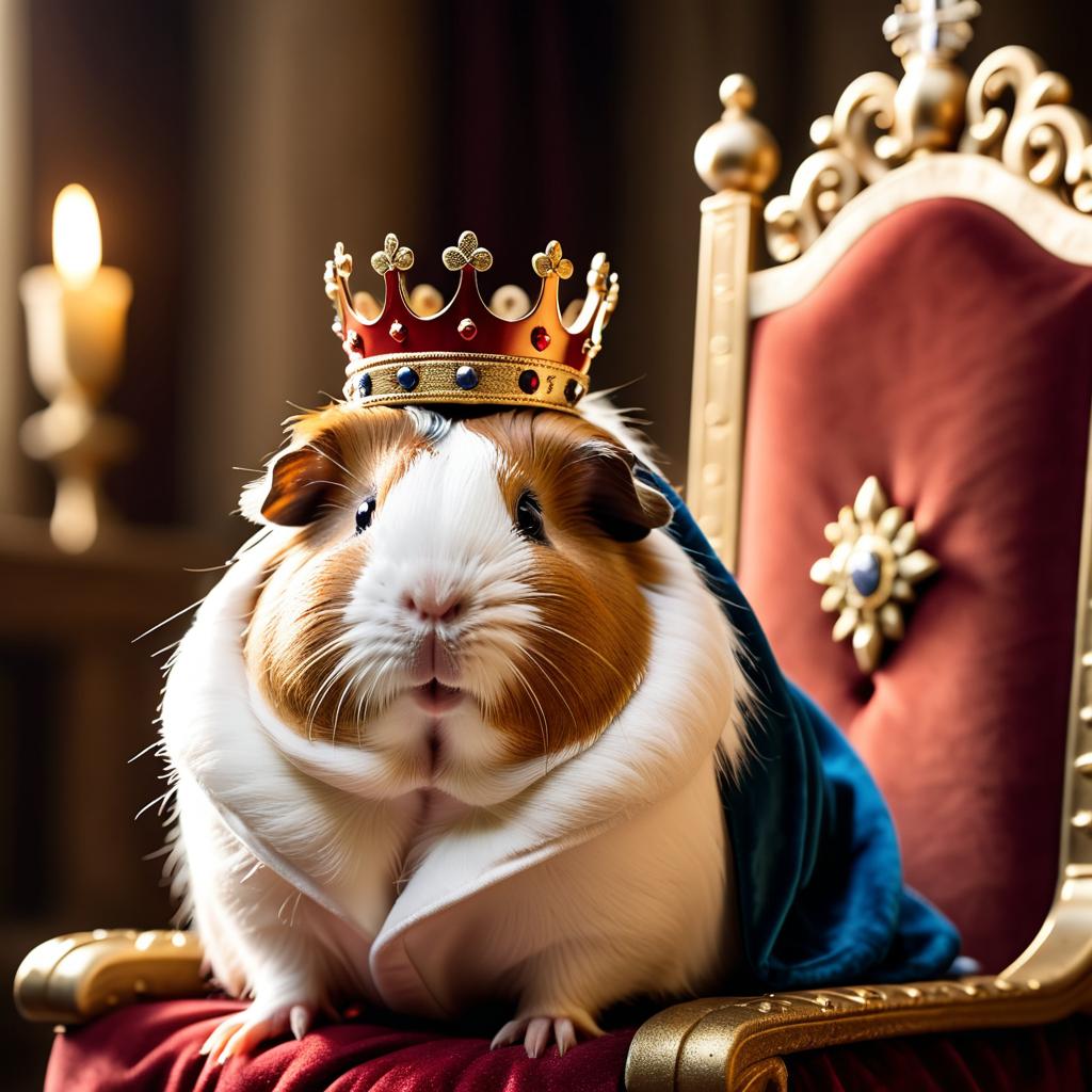 texel guinea pig as a king in a magical castle, wearing a crown and robe, seated on a throne.