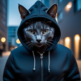 russian blue cat in a black hoodie, set against a modern urban backdrop, emphasizing a stylish and trendy look.