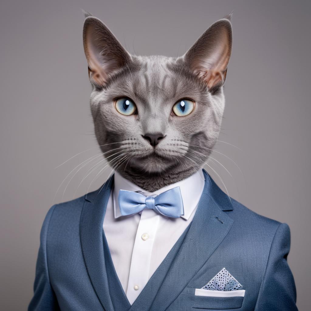 professional headshot of russian blue cat wearing a stylish suit for a cv or linkedin, studio photo.