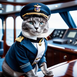 russian blue cat as a captain on a luxury yacht, wearing captain uniform, against a blue sea.