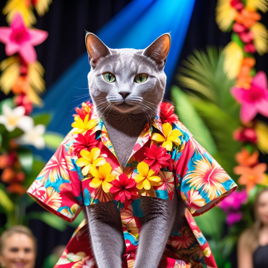 russian blue cat strutting down the fashion show catwalk stage in a vibrant hawaiian shirt and a floral lei, high energy and joyful.