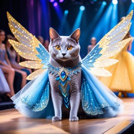 russian blue cat strutting down the fashion show catwalk stage in a magical fairytale dress with glittering wings, high energy and magical.