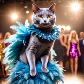 russian blue cat strutting down the fashion show catwalk stage in a sparkling sequined dress with a feathered boa, high energy and dramatic.