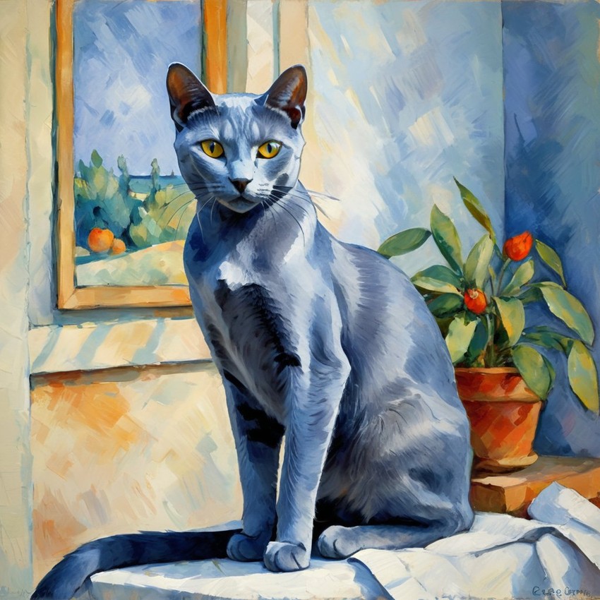 russian blue cat in the style of cezanne, highlighting classic brush strokes and an elegant, timeless look.