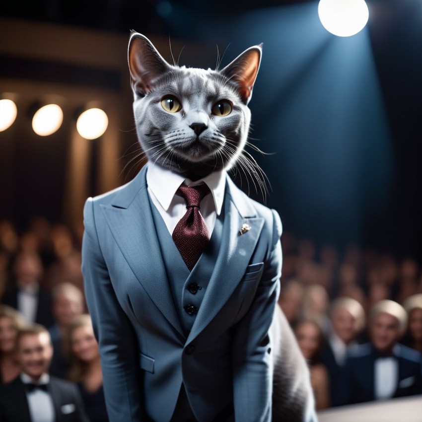 russian blue cat in a classy suit on a fashion stage, showcasing elegance and charm in a highly detailed, epic scene.