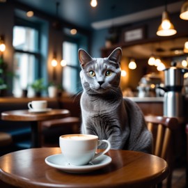 russian blue cat sitting in a cozy coffee shop with a cup of coffee, detailed and vibrant.