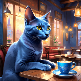 russian blue cat sitting in a cozy coffee shop, ethereal and magical.