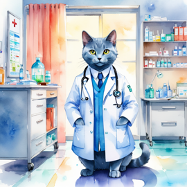 watercolor painting of russian blue cat as a doctor in a hospital, vibrant and highly detailed, in a studio anime style.