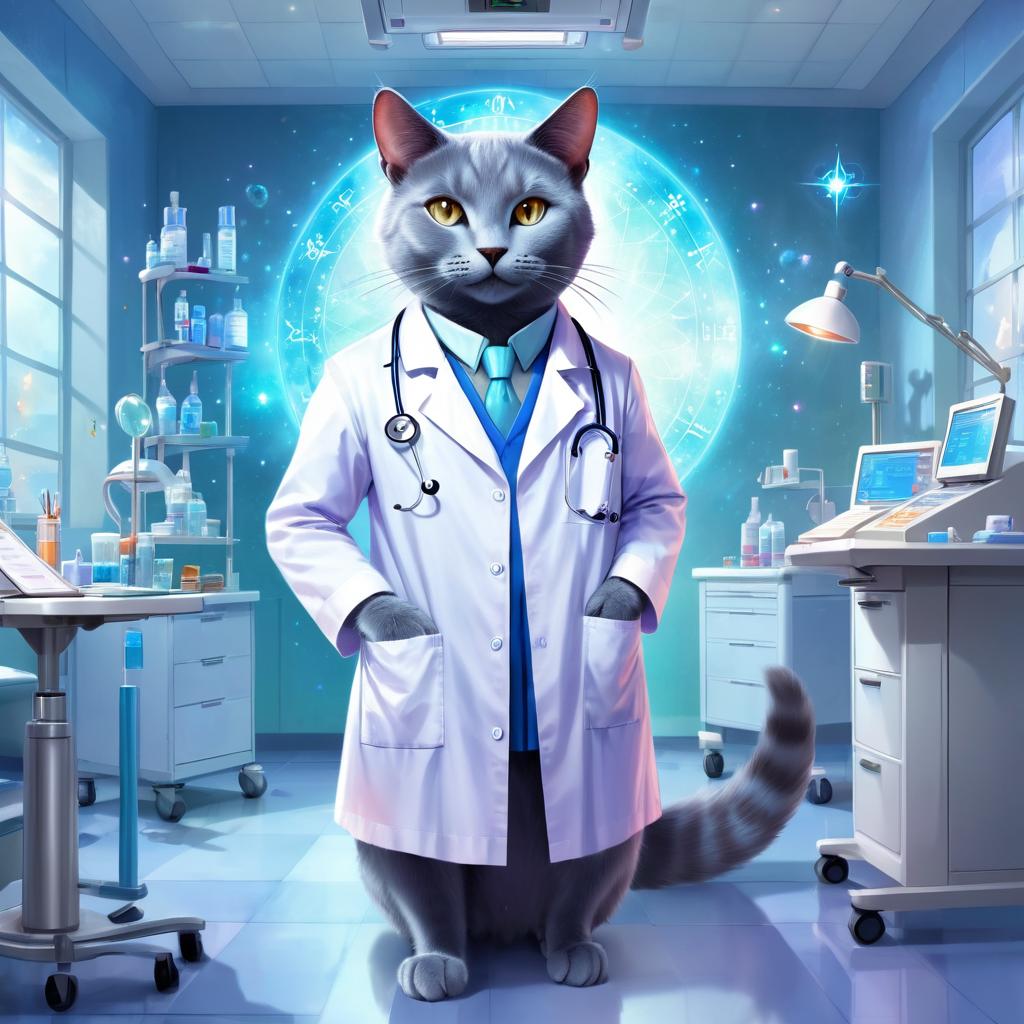 russian blue cat as a doctor in a magical hospital setting, ethereal and dreamy with celestial details.