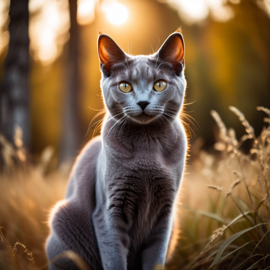 russian blue cat in golden hour light, highlighting their beauty in nature with a moody and detailed atmosphere.