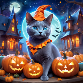 russian blue cat in a halloween costume, with a magical and ethereal atmosphere surrounded by pumpkins.