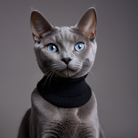 professional headshot of russian blue cat wearing a black turtleneck for a cv or linkedin, studio photo.