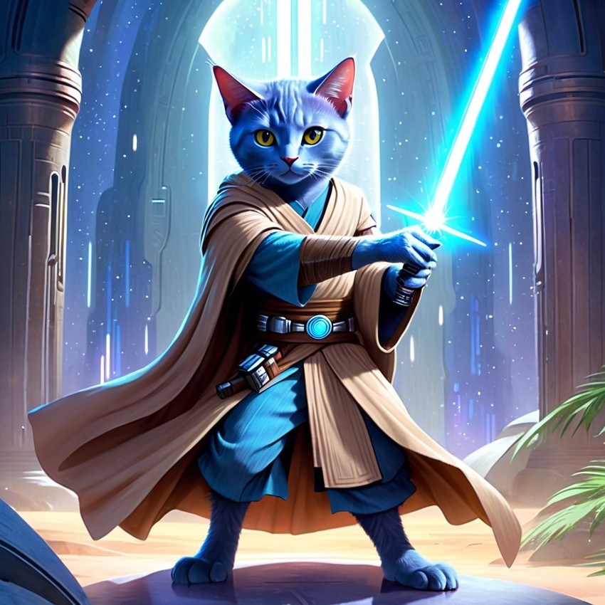 russian blue cat as a jedi knight, with a lightsaber and star wars backdrop in a celestial, painterly style.