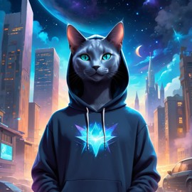 russian blue cat in a black hoodie, set in a magical urban environment with a celestial and cute appearance.