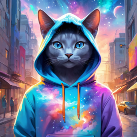 russian blue cat in a colorful hoodie, with a magical urban background highlighting a cute and happy vibe.