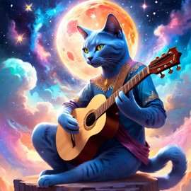 russian blue cat as a musician in an ethereal fantasy setting, playing guitar with a majestic and magical touch.