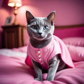 russian blue cat dressed in pink clothing, in a beautiful pink scene, radiating joy and cuteness.