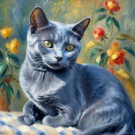 russian blue cat in the style of renoir, showcasing classic artistic brush strokes and timeless elegance.