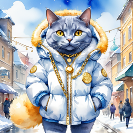 watercolor painting of russian blue cat in a white puffer coat with golden hip hop chains, set in a posh urban environment.