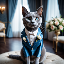 russian blue cat in a beautiful wedding suit, capturing a cute and happy moment in a romantic environment.