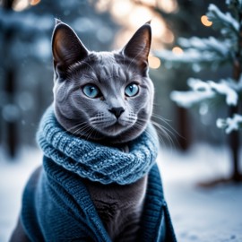 russian blue cat in a beautiful winter scene, wearing stylish winter clothing, looking cute and happy.