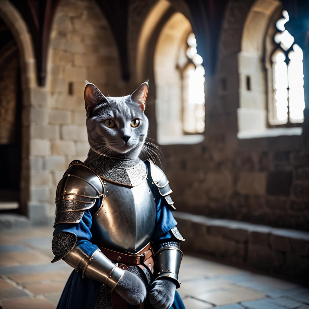 russian blue cat as a medieval knight in a cinematic film still, detailed armor, set in a grand medieval castle.