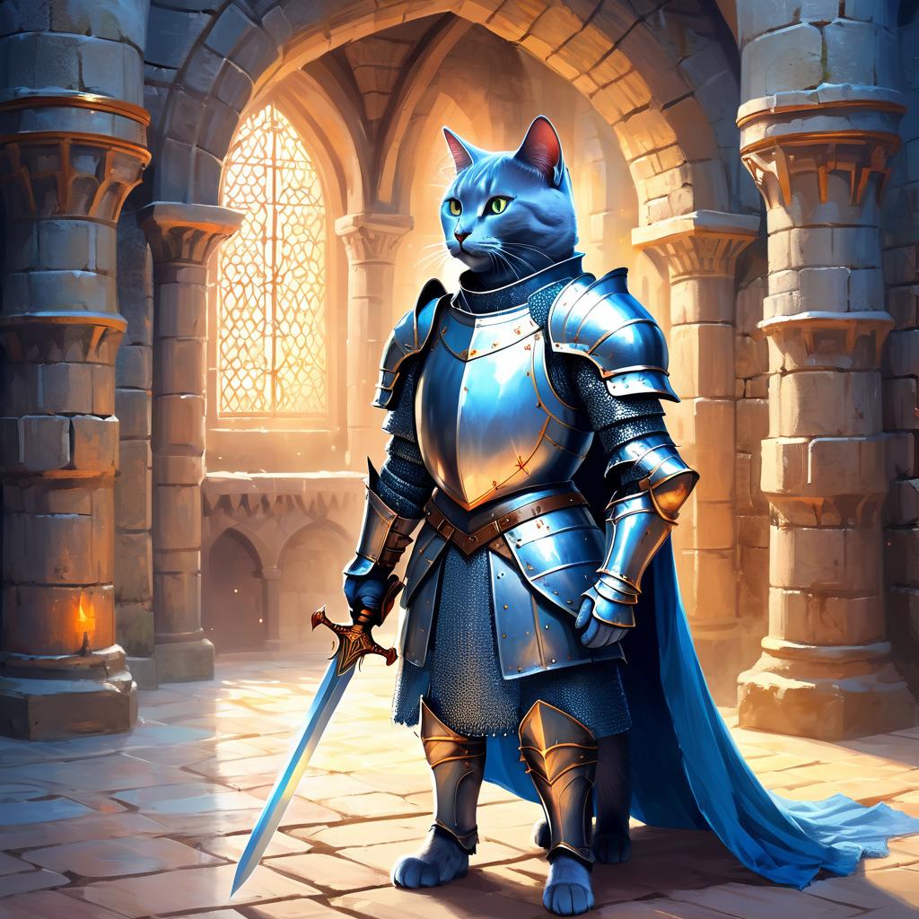 russian blue cat as a medieval knight in a majestic castle, ethereal and painterly style.