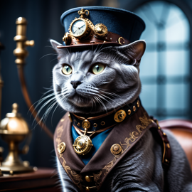 russian blue cat in a steampunk style, happy, highly detailed, retro-futuristic, with a vintage aesthetic.