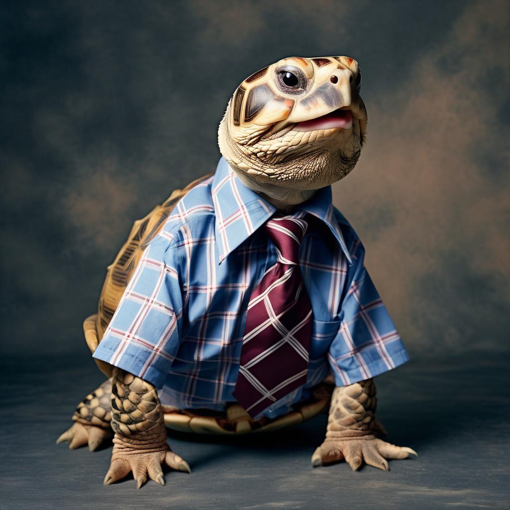 90s yearbook photo of russian tortoise turtle/tortoise in a shirt and tie, full body, studio background.