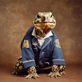 90s yearbook photo of russian tortoise turtle/tortoise in old school clothing, full body, vintage background.